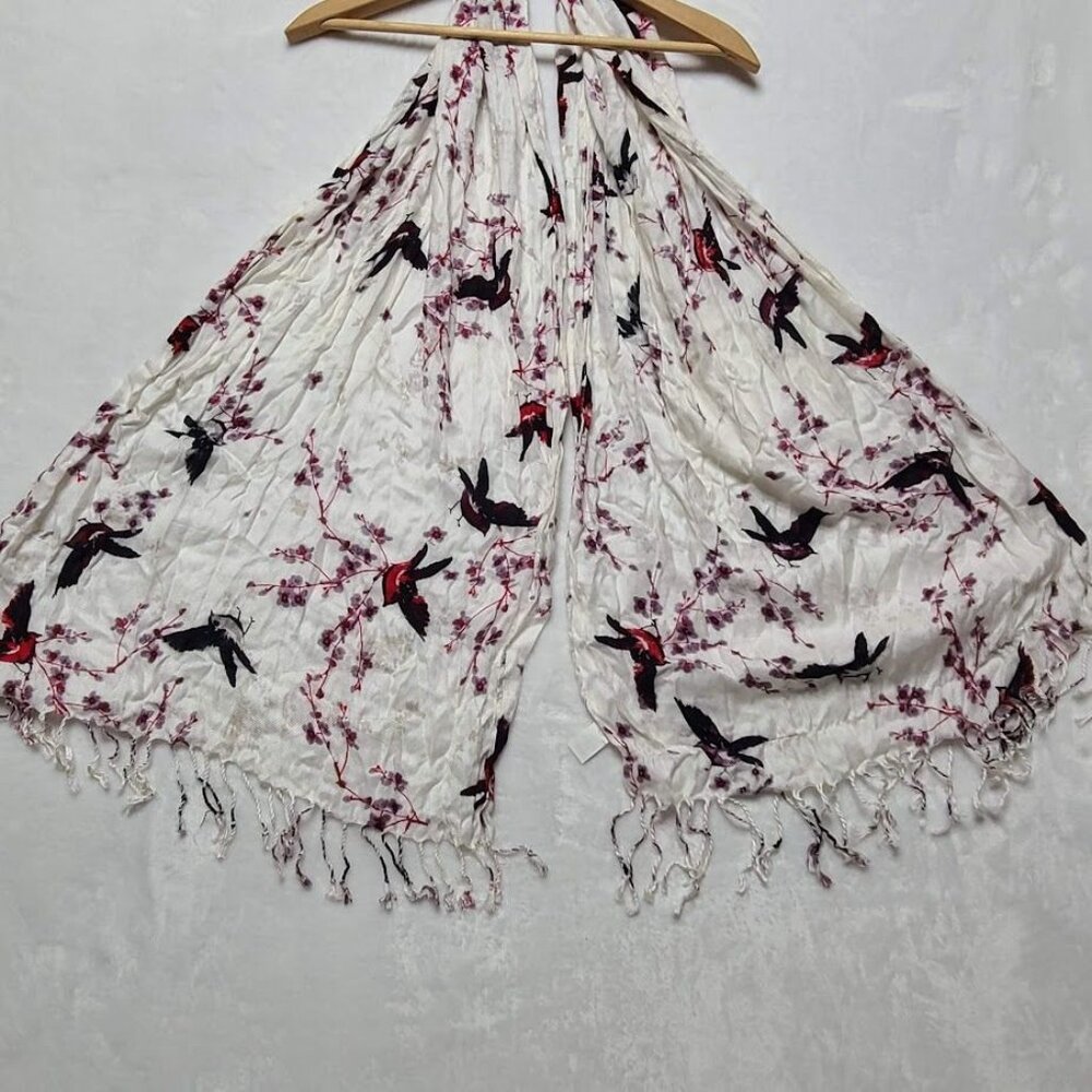 Womens Scarf Shawl Wrap White Floral with Red Black Birds Tassels Rayon - Picture 3 of 10